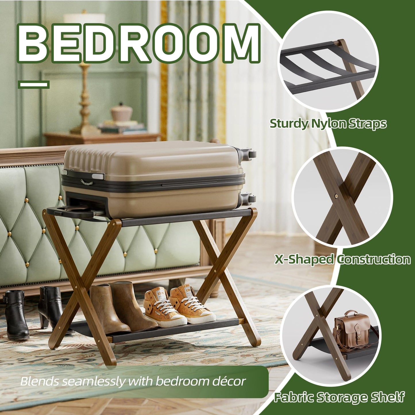 vovala Luggage Rack, Set of 2, Folding Suitcase Stand with Storage Shelf, Premium Bamboo Luggage Holder for Guest Room, Bedroom, Hotel, Closet