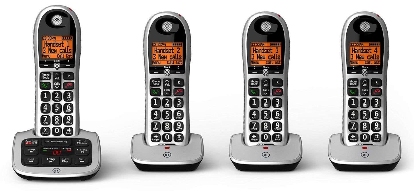 BT 4600 Cordless Landline House Phone, Home Phone, Big Buttons, Advanced Nuisance Call Blocker, Answer Machine, Quad Handset Pack