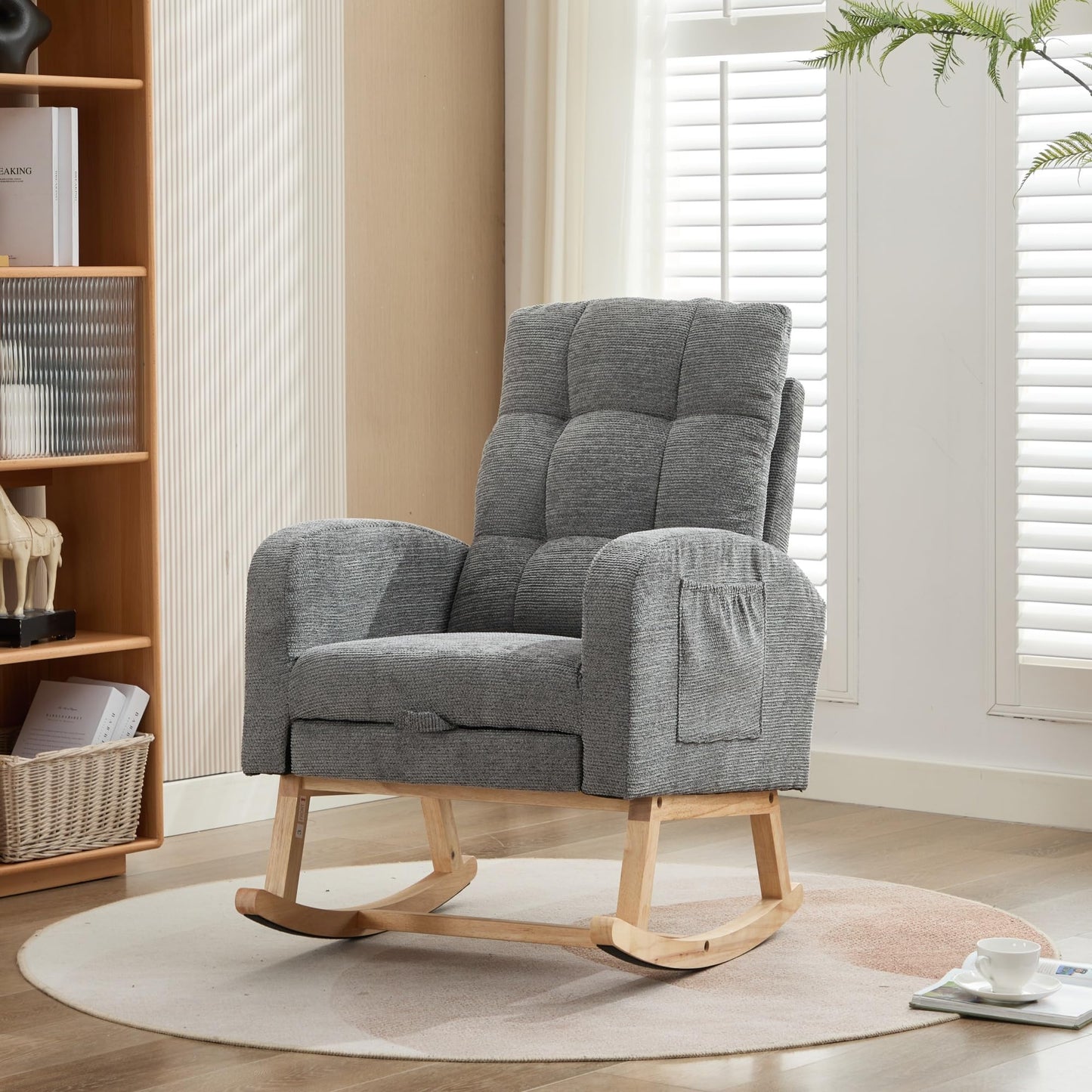 ModernLuxe Rocking Chair, Lounge Armchair,Adjustable Footrest, High Backrest,Side Pockets, Solid Wooden Legs Nursing Chair for Living Room & Bedroom