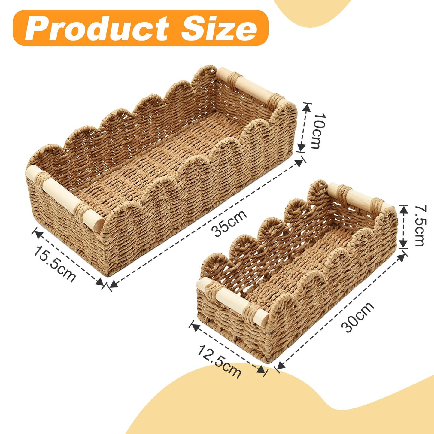 Yiomxhi 2 Pcs Wicker Storage Baskets, Woven Organizer Bins with Wooden Handles, Rope Scalloped Edge Toilet Paper Baskets for Bathroom, Shelf, Kitchen