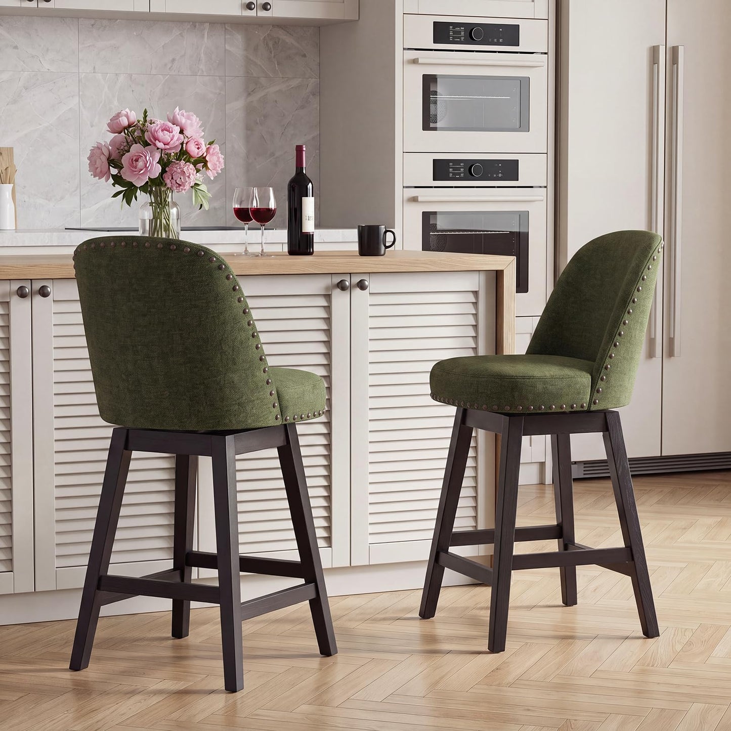 Bar Stools Set of 2, 360° Swivel Counter Stools with Upholstered Seat, Wooden Frame & Nailhead Trim