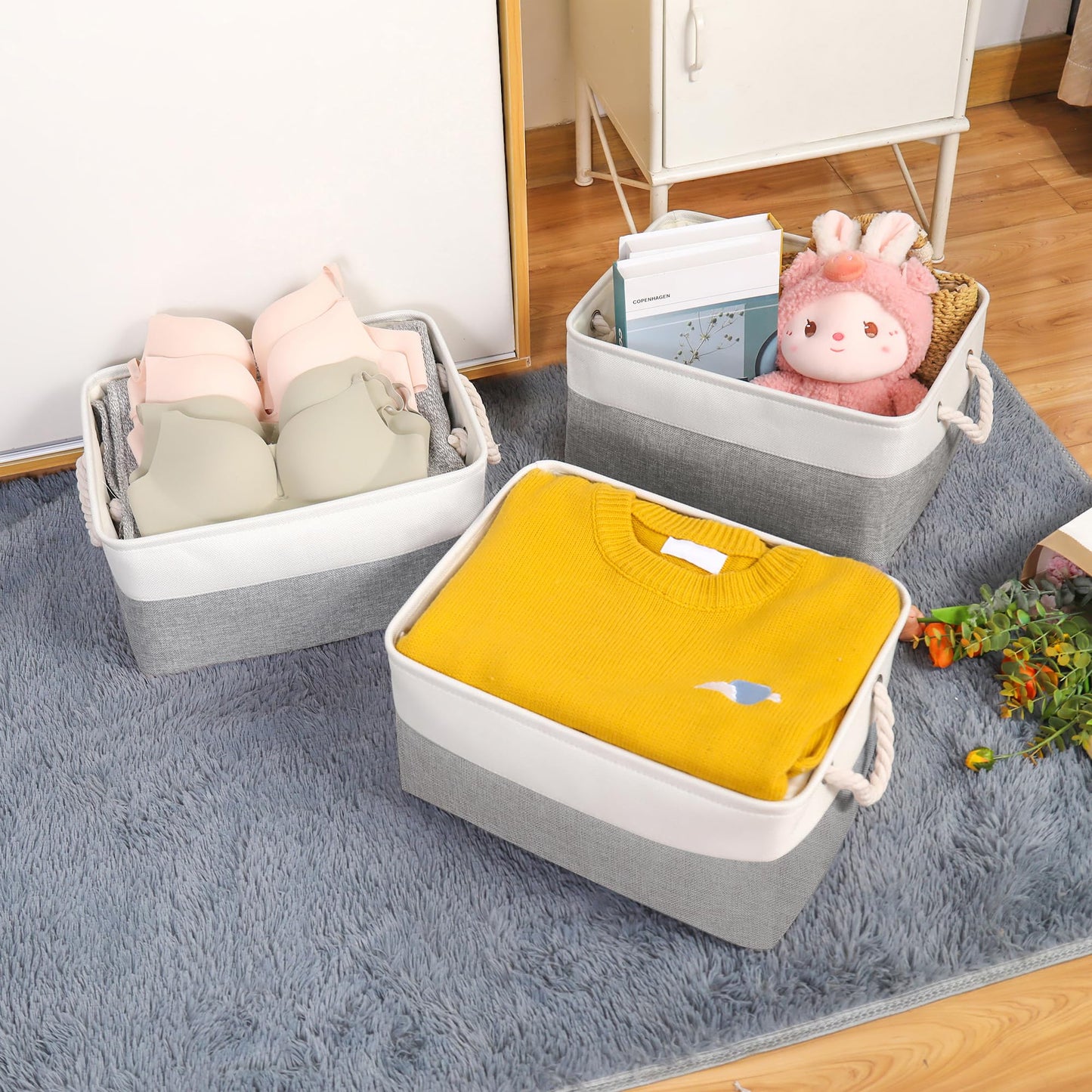JUNLAI 4 Pcs Storage Baskets with Handles, Foldable Small Storage Boxes, Fabric Wardrobe Storage Basket for Office & Home, Book, Clothes
