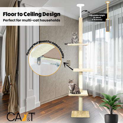 CA&T Luxury Floor to Ceiling Cat Tree | Height Adjustable Cat Climbing Tower with Scratch Post | Cat Towers for Indoor Cats with Multiple Levels &