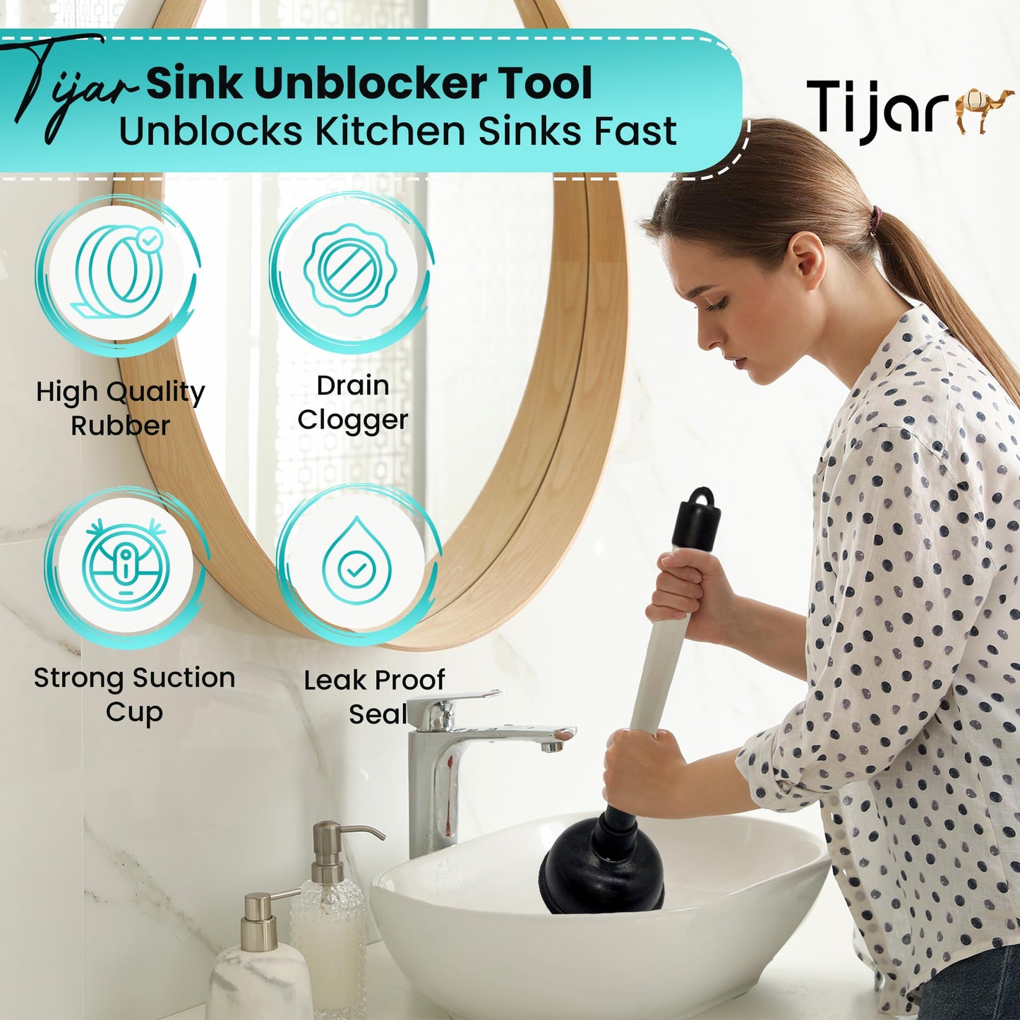 TIJAR® Plunger, Long Handle Plunger, Super Strong Durable Plunger for Kitchens and Bathrooms, Extreme Suction Sink Plunger Opener Bathtub, Shower