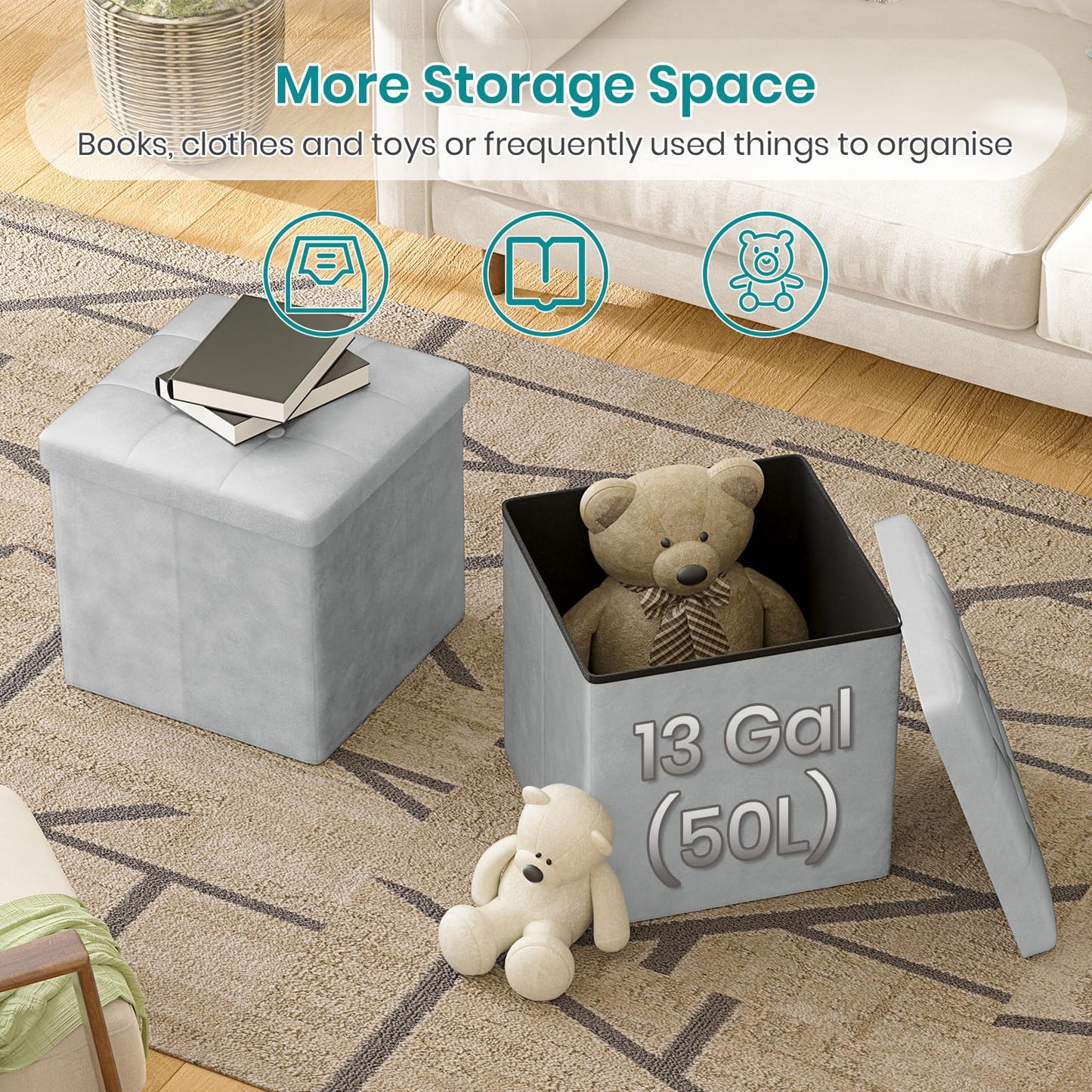 Oak & Tea Storage Ottoman Cube, Foldable Velvet Footstool, Light Grey