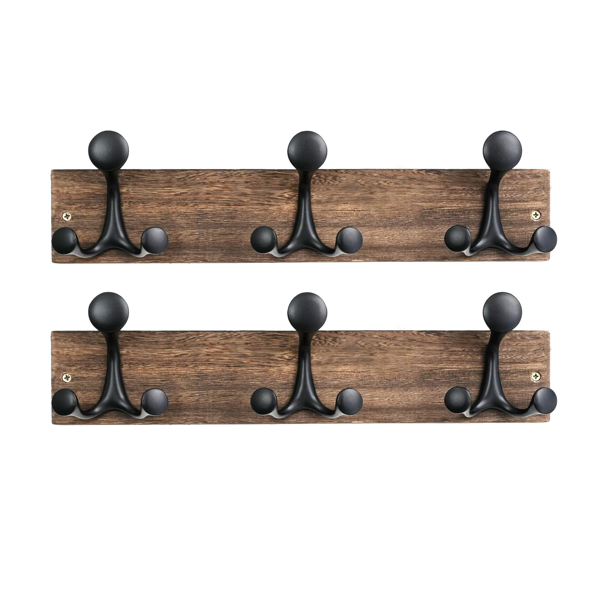 HONSKY Wall Mounted Coat Rack, 43cm Paulownia Wood Backboard, 3 Sturdy Black Aluminium Alloy Triple Hooks 9 Hanging Points