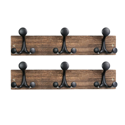 HONSKY Wall Mounted Coat Rack, 43cm Paulownia Wood Backboard, 3 Sturdy Black Aluminium Alloy Triple Hooks 9 Hanging Points