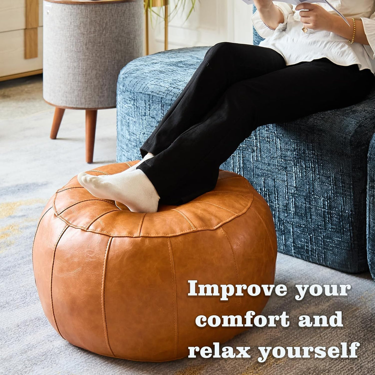 Louis Donné Premium Artisanal Leather Pouffe, Handmade Unstuffed Ottoman Round Pouf Cover, Footstool, Round Pouffe Foot Stool Floor Cushion…