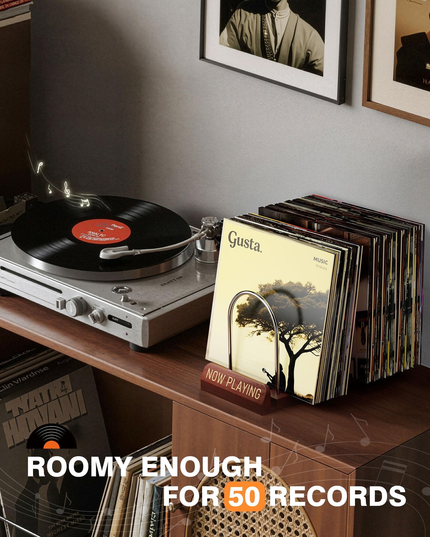 Bulado Now Playing Vinyl Record Holder, Wooden Vinyl Record Storage with Front Display Groove, Album Storage Stand Organizer for 50 LPs