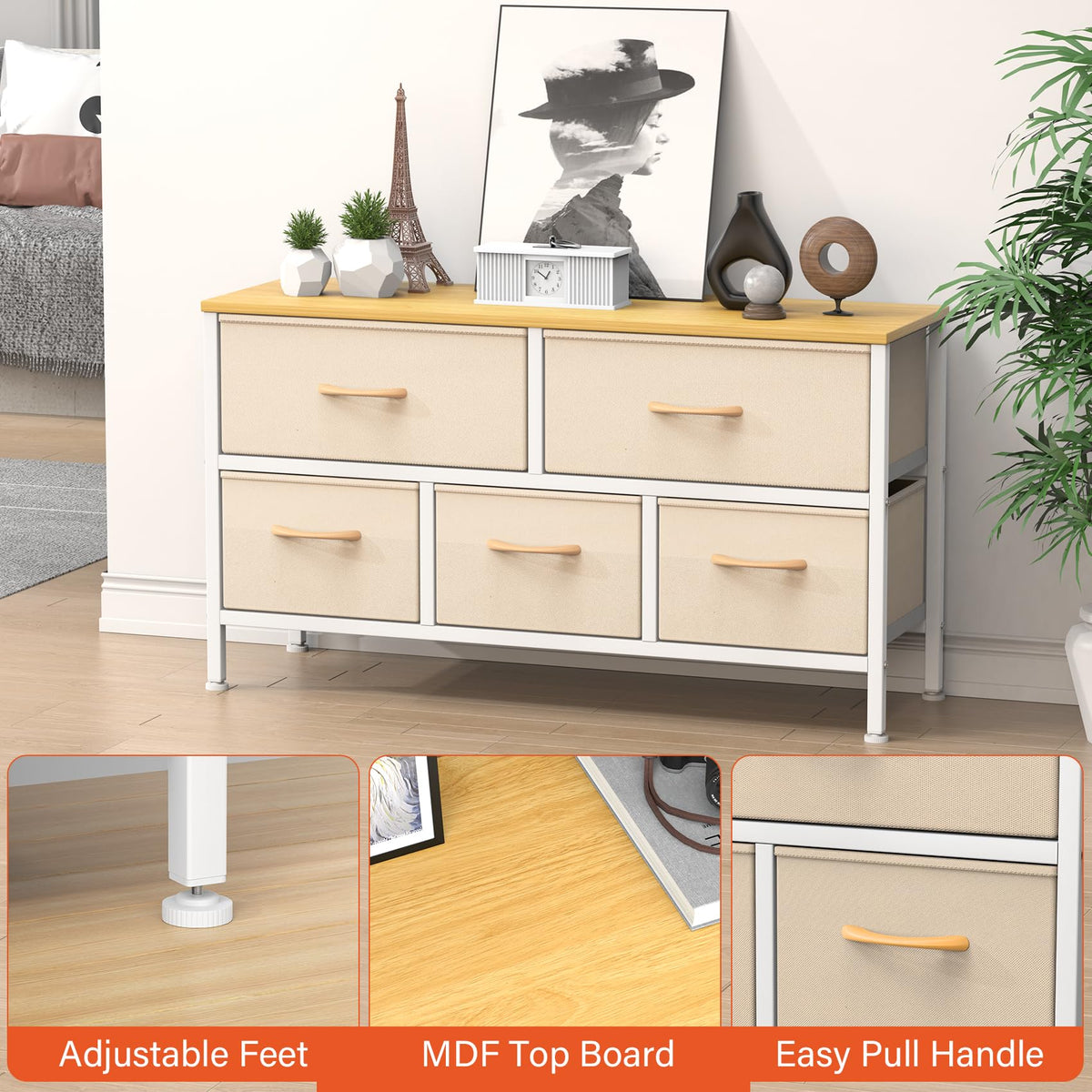 Feonase Bedroom Chest of Drawers, 5 Fabric Drawers Dresser with Metal Frame and MDF Top Board, Modern Storage Unit for Bedroom Living room, Entryway