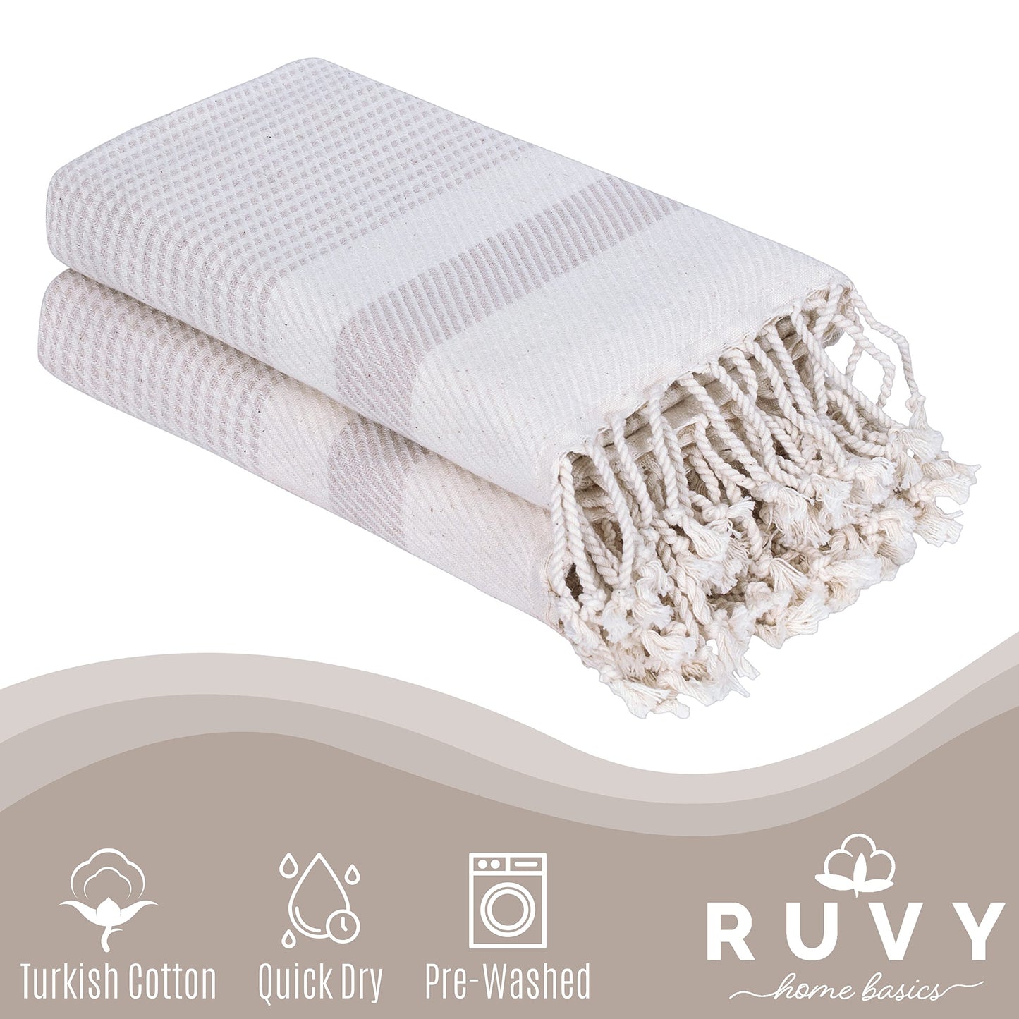 Ruvy Home Basics Turkish Hand Towels Set of 2 | 16x40 inches, 100% Turkish Cotton | Bathroom, Kitchen, Yoga, Gym, Spa, Tea, Dishcloth, Face - Beige