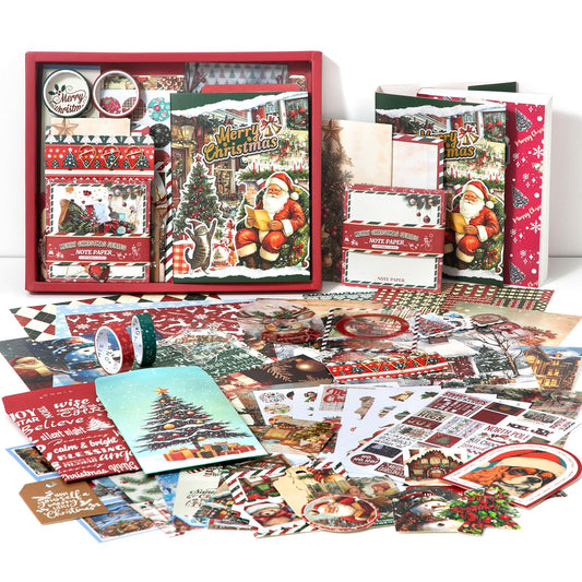 Aesthetic Scrapbook Accessory Set, Red Merry Christmas Aesthetic Bullet Junk Journal Kit with Journaling Accessories, A6 Grid Notebook, DIY Scrapbook