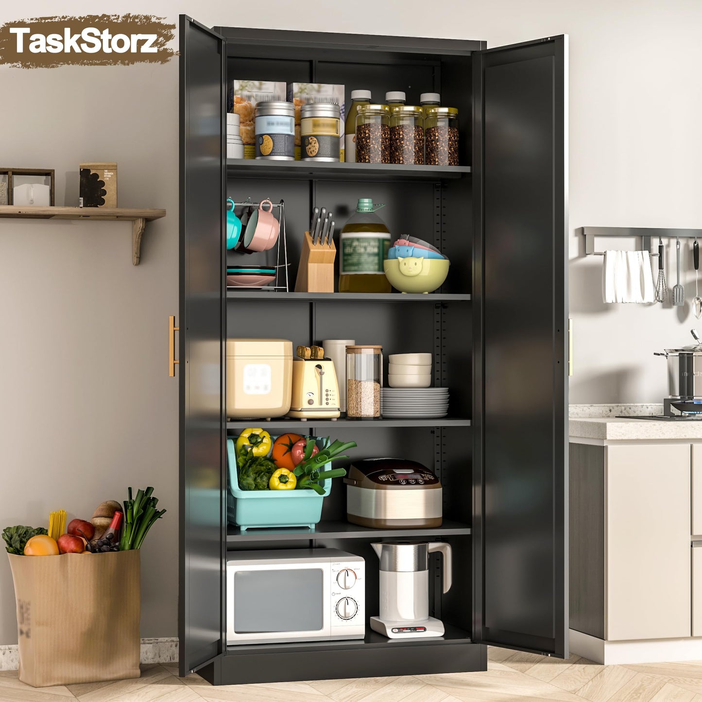 Tall Kitchen Cupboard, 180cm Metal Storage Cabinet, Black, 180*70*35cm