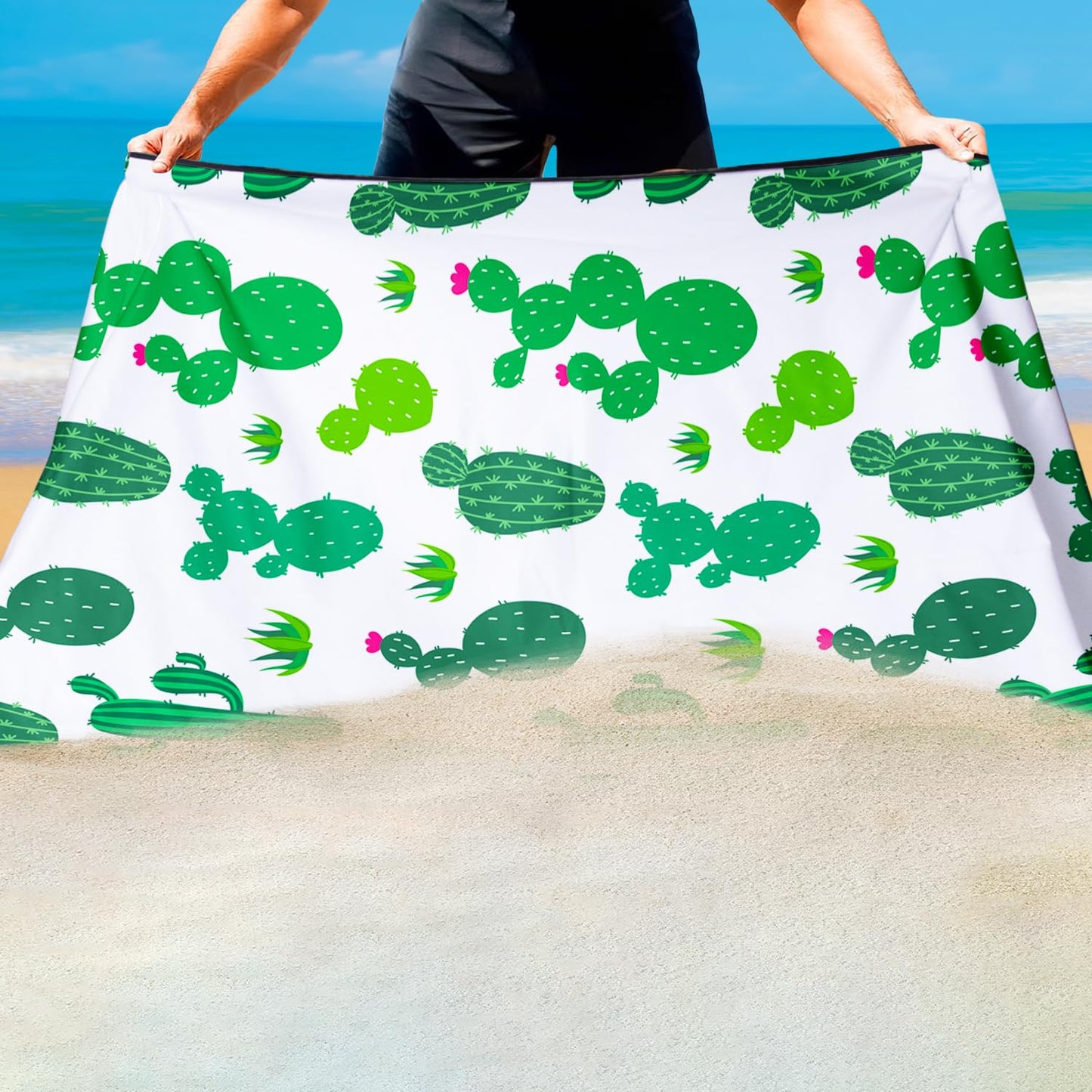 Violetpos Cute Cactus & Heart Beach Towel, Extra Large 180x90 cm 250GSM Microfibre, Sand Free Quick Dry
