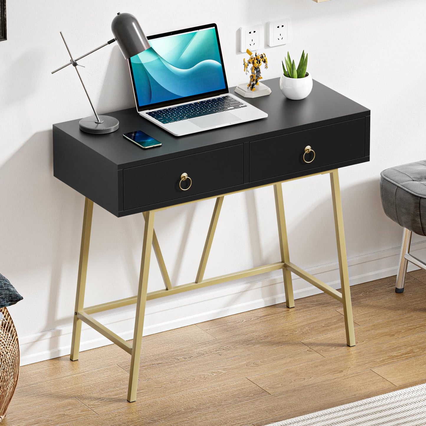 Yvsevnr Wooden Computer Desk Black Writing Desk with 2 Drawers Vanity Dressing Table without Mirror