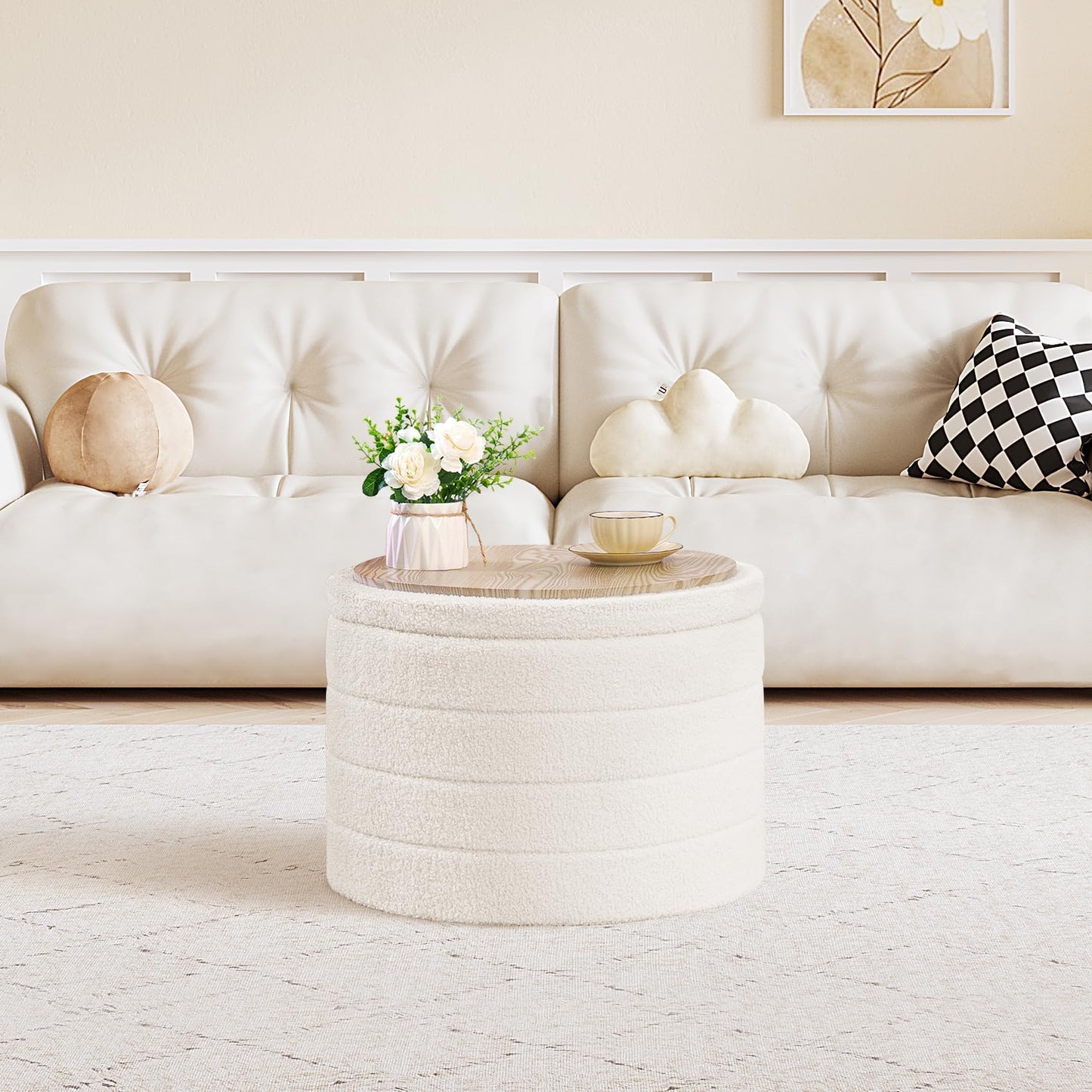 PINPLUS Round Ottoman Storage, Convertible Table, Cream White, 56x56x40 cm