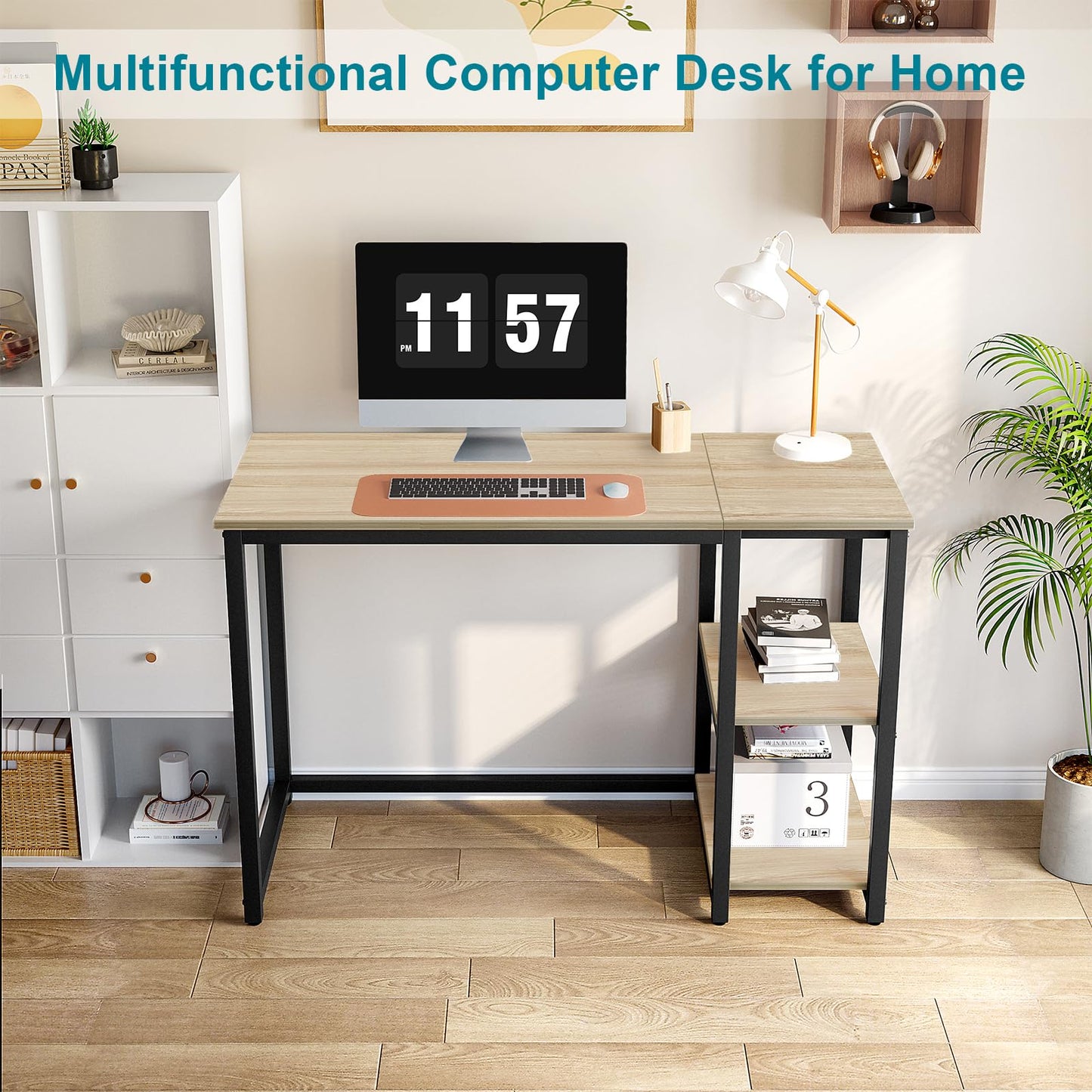 WOHOMO Computer Desk 100cm with 2-Tier Shelves Sturdy Home Office Desk with Large Storage Space Modern Gaming Desk Study Writing Laptop Table for