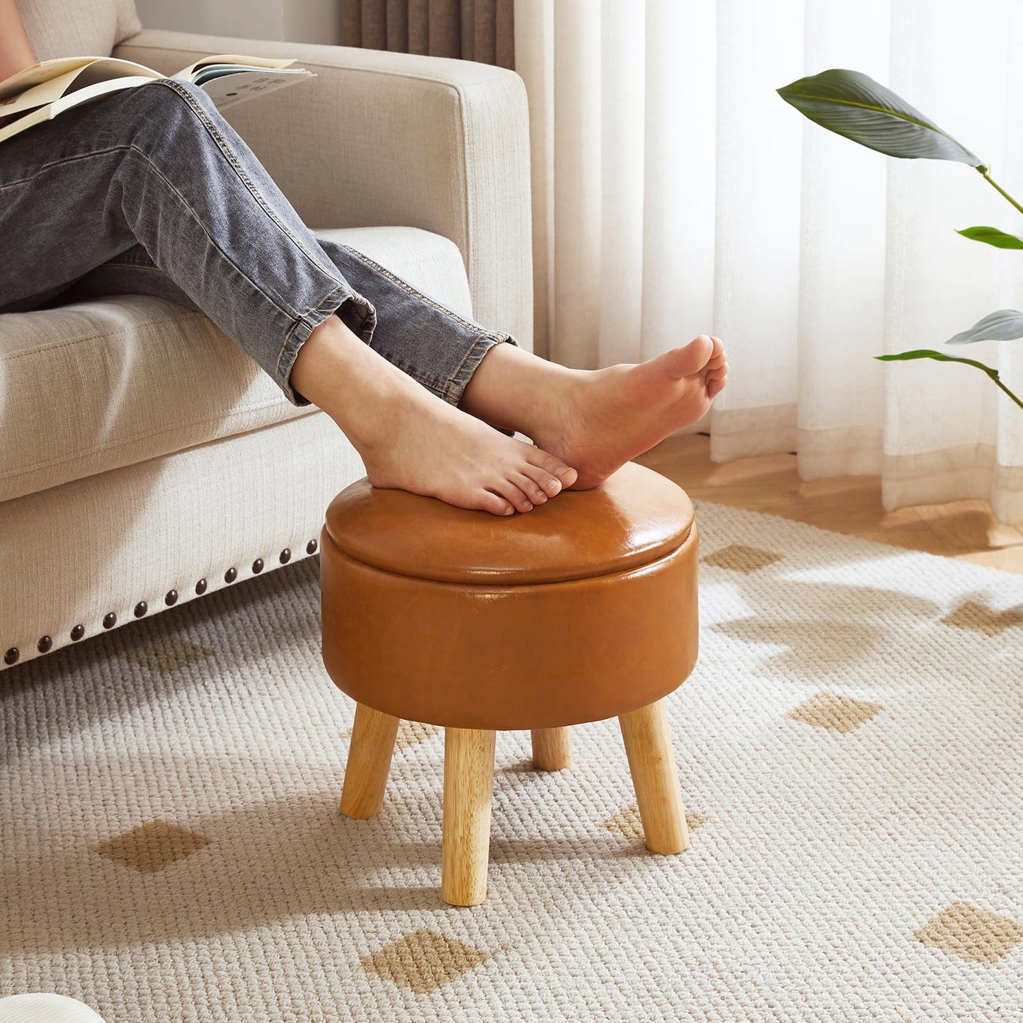 IBUYKE 13 Inch Small Footstool Ottoman with Storage, Round Pouffe Foot Rest with Padded Seat and Wood Legs