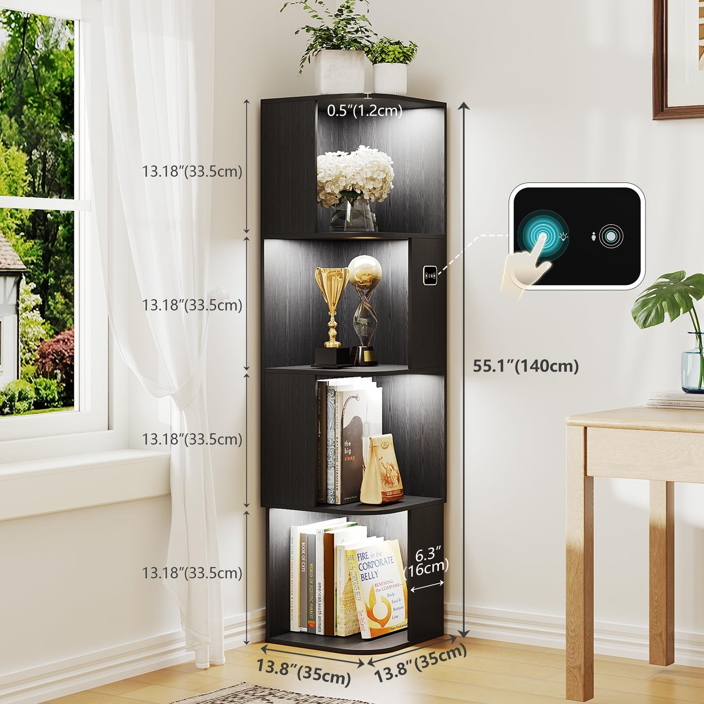 55.1 " Corner Wood Bookcase with Body Sensor LED for Home Office,Black