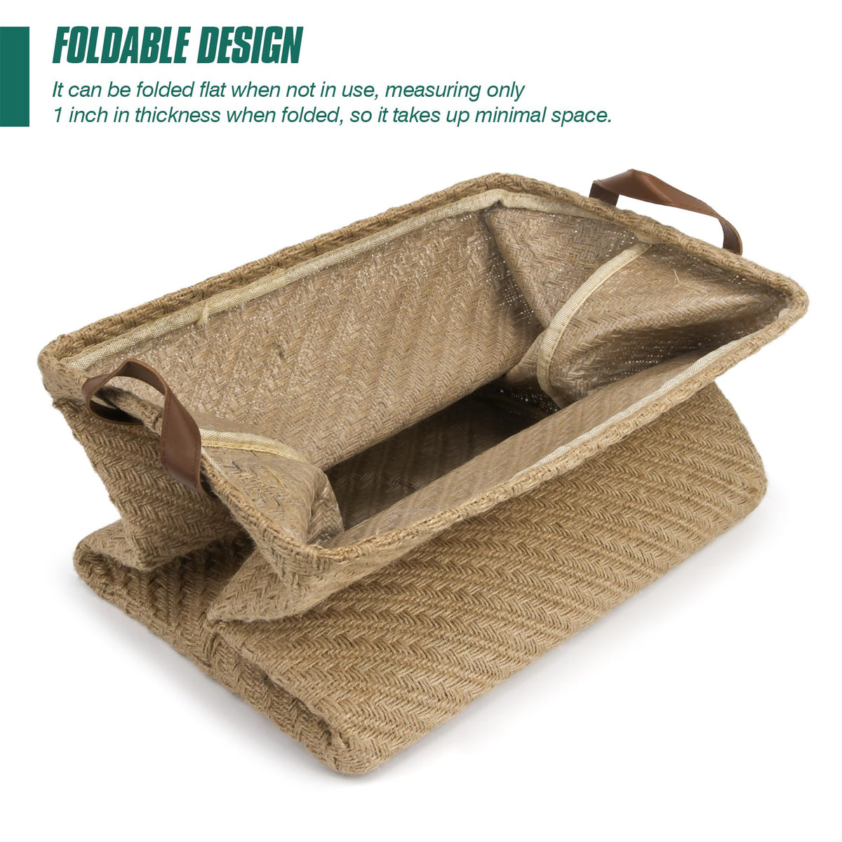 Spesh Jute Storage Basket with Handles, 38*27*28cm Collapsible Natural Woven Organiser Box Square Jute Storage Bin for Shelves Bathroom
