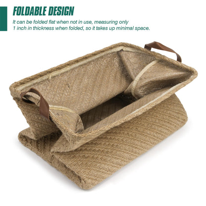 Spesh Jute Storage Basket with Handles, 38*27*28cm Collapsible Natural Woven Organiser Box Square Jute Storage Bin for Shelves Bathroom