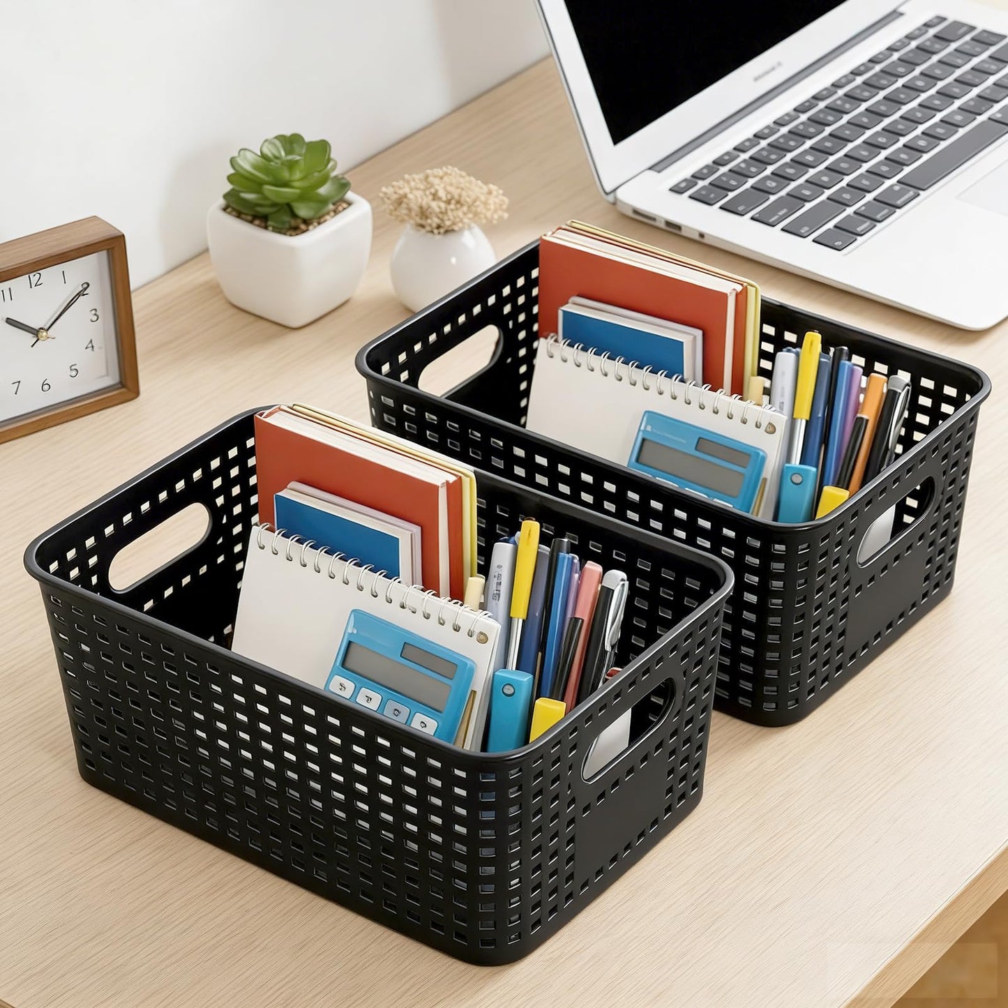 8 Pack Plastic Storage Basket with Lids, Stackable Storage Bins Containers, Decorative Storage Boxes Bulk for Organizing Shelves, Bathroom, Classroom