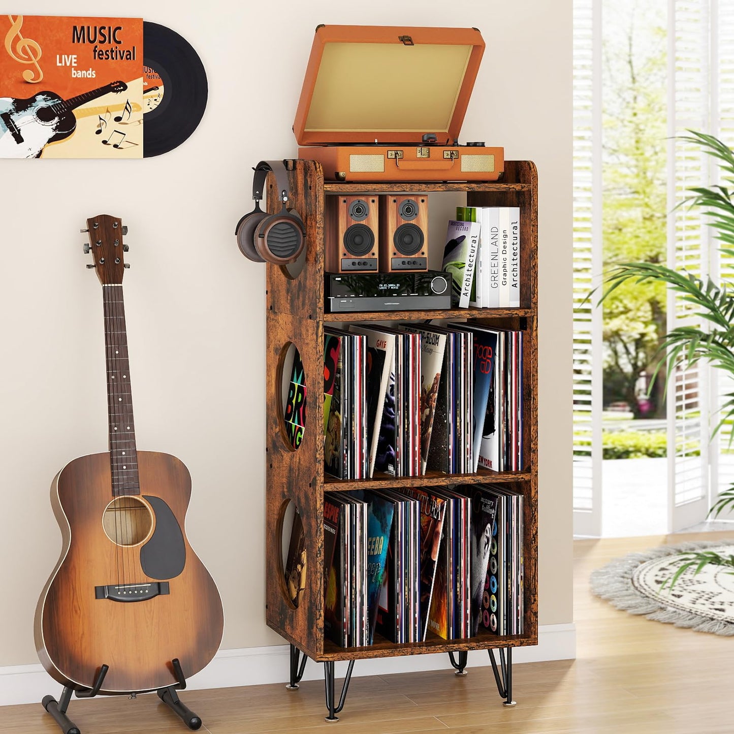 ikkle Record Player Stand, 4 Tier Vinyl Storage Cabinet with Hollow Design
