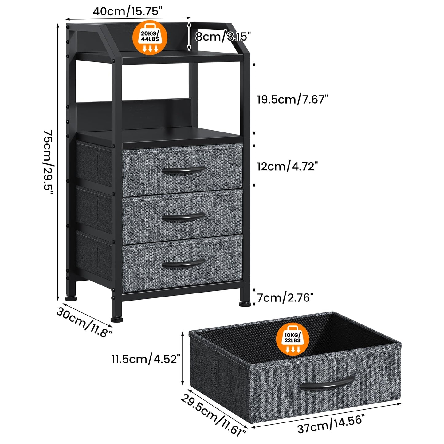 Feonase Bedside Table with 3 Fabric Drawers and Open Shelf, Nightstand for Bedroom, Living Room, Small Spaces – Metal Frame & Wooden Top