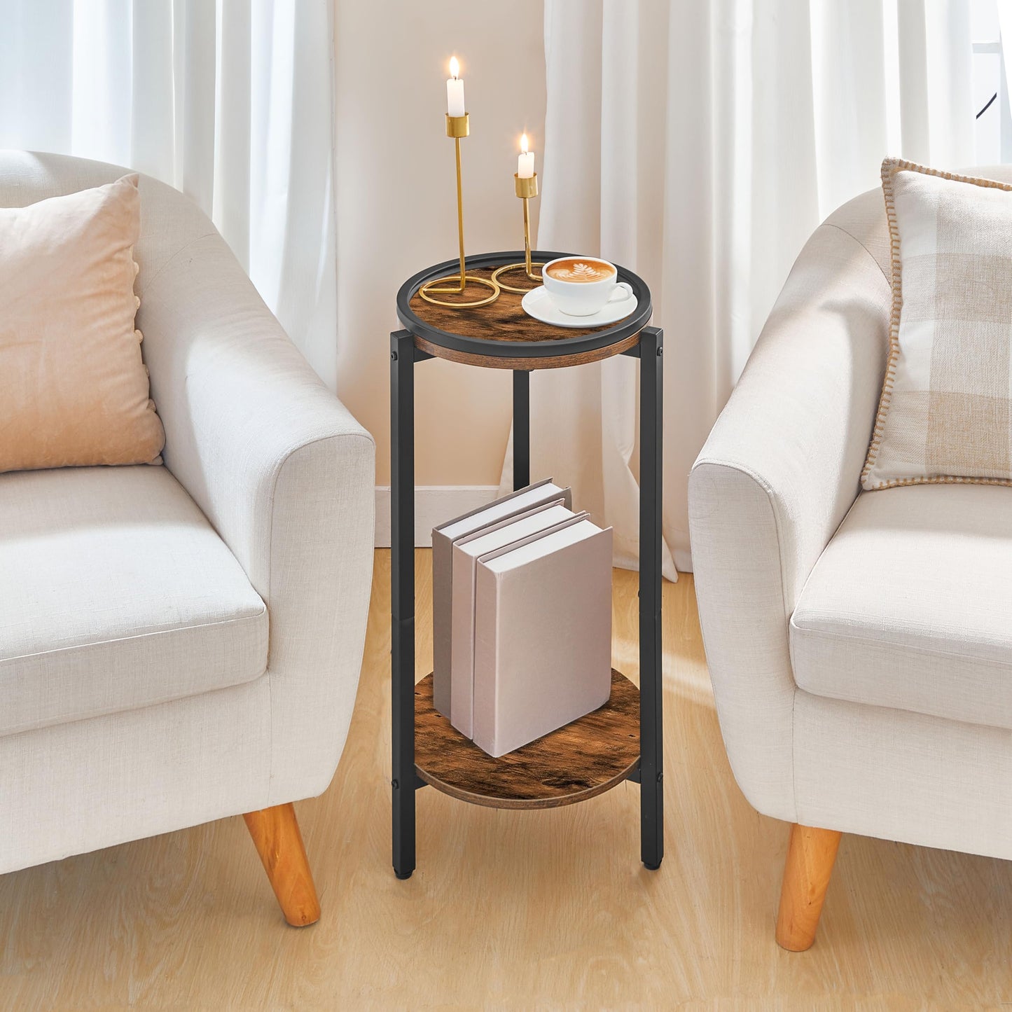 HOOBRO Tall Round Side Table, 2-Tier Sofa Table, Small Bedside Table Telephone Table, Wooden Accent Coffee Table Small Table for Living Room, Hallway