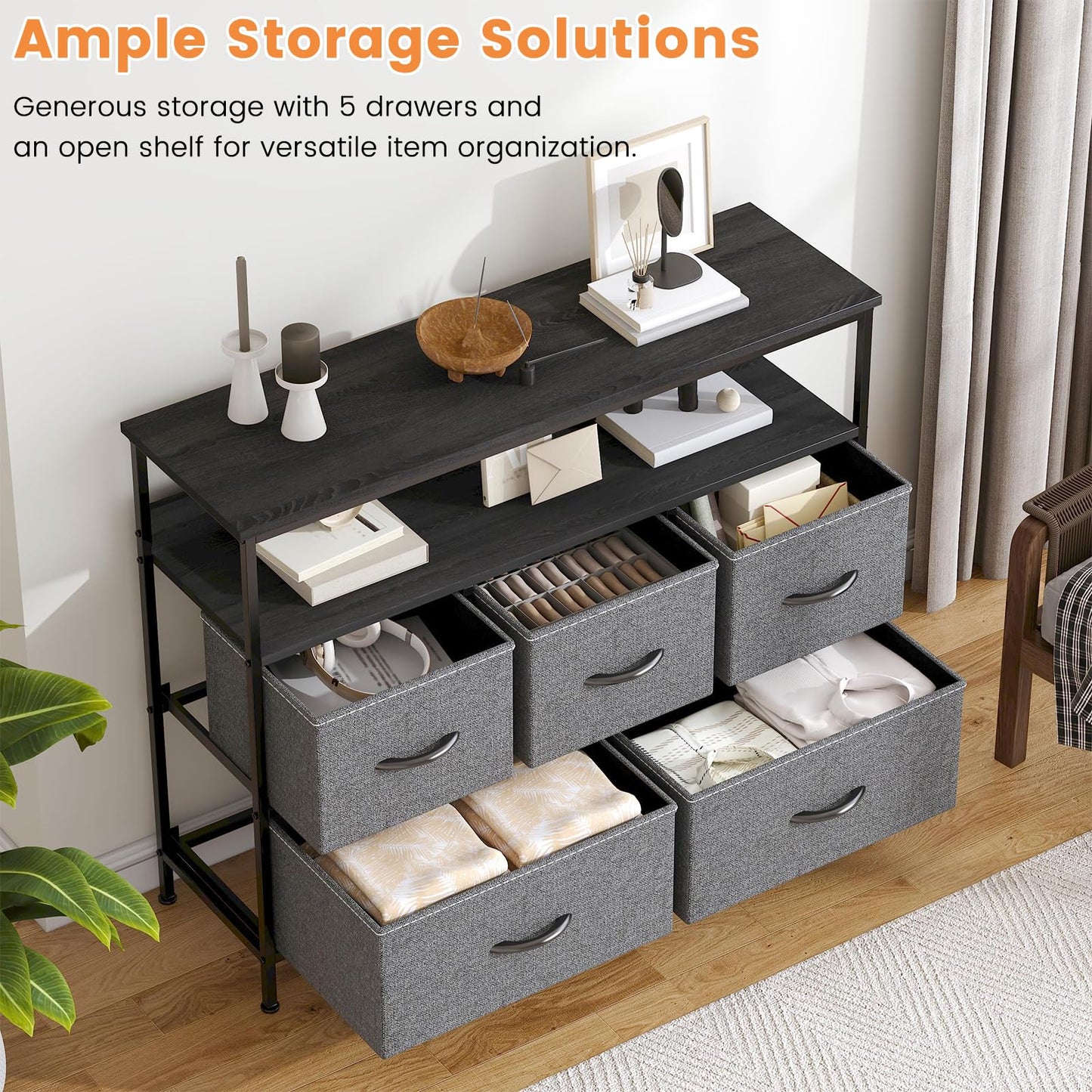 Feonase Chest of Drawers, 5 Drawers Dresser with TV Stand, Metal Frame and MDF Top Board, Adjustable Feet, Storage Unit Ideal for Bedroom