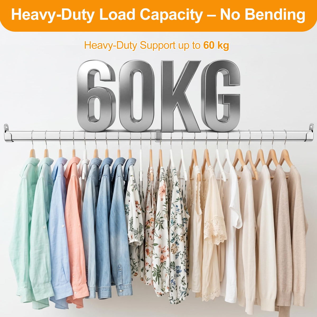Flat Oval Telescopic Wardrobe Rail, Heavy Duty Stainless Steel Extendable Closet Rod, Adjustable Clothes Hanging Rail with U-Shaped End Supports