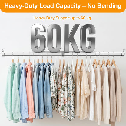 Flat Oval Telescopic Wardrobe Rail, Heavy Duty Stainless Steel Extendable Closet Rod, Adjustable Clothes Hanging Rail with U-Shaped End Supports