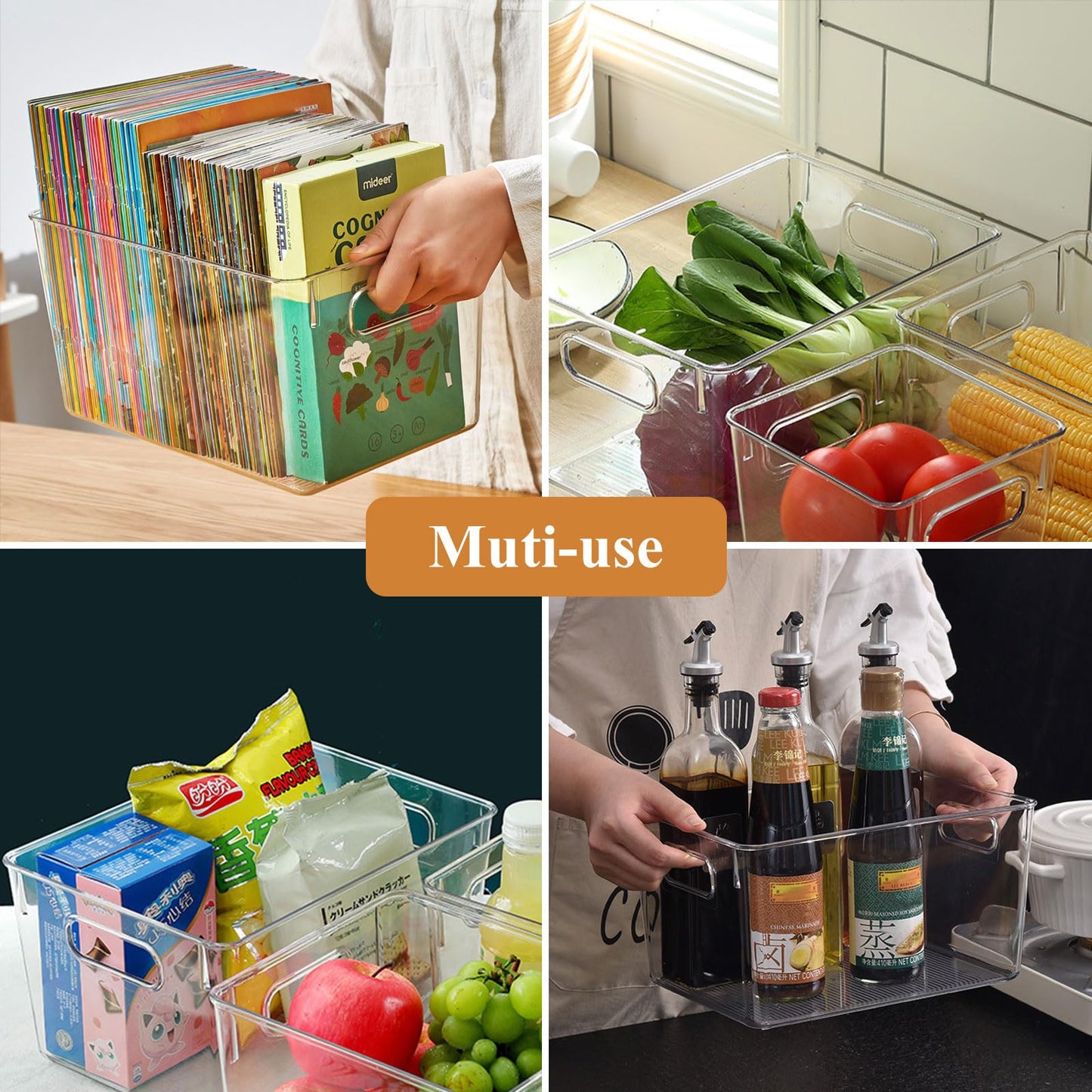 MEIDIV 4 Pack Fridge Storage Organisers, 29x20x15.5cm Plastic Storage Box, Food Storage Basket