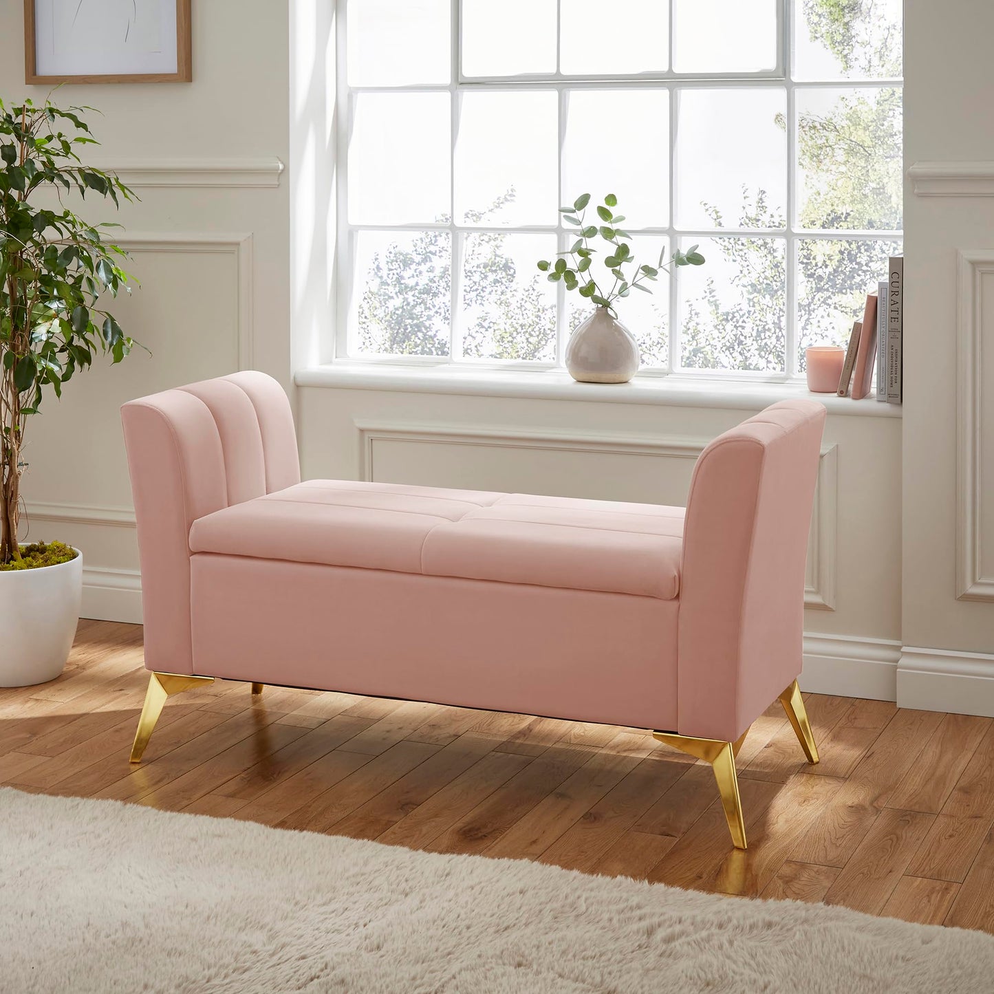 GFW Pettine Pink Upholstered Ottoman Storage Bench, Velvet Storage Seat with Hidden Compartment, Gold Metal Legs and Deco Design