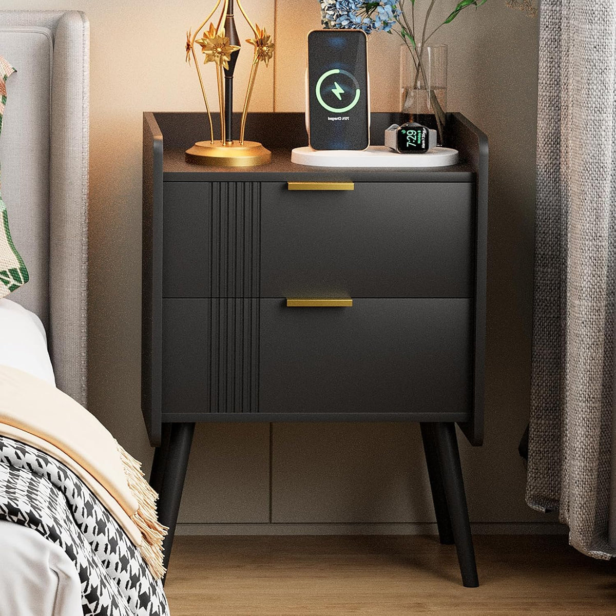 Huhote Bedside Table with 2 Drawers, Storage Nightstand, Wooden Bedside Cabinet for Bedroom, 2 Tier Bed Side Table, Coffee End Table with Wooden Legs