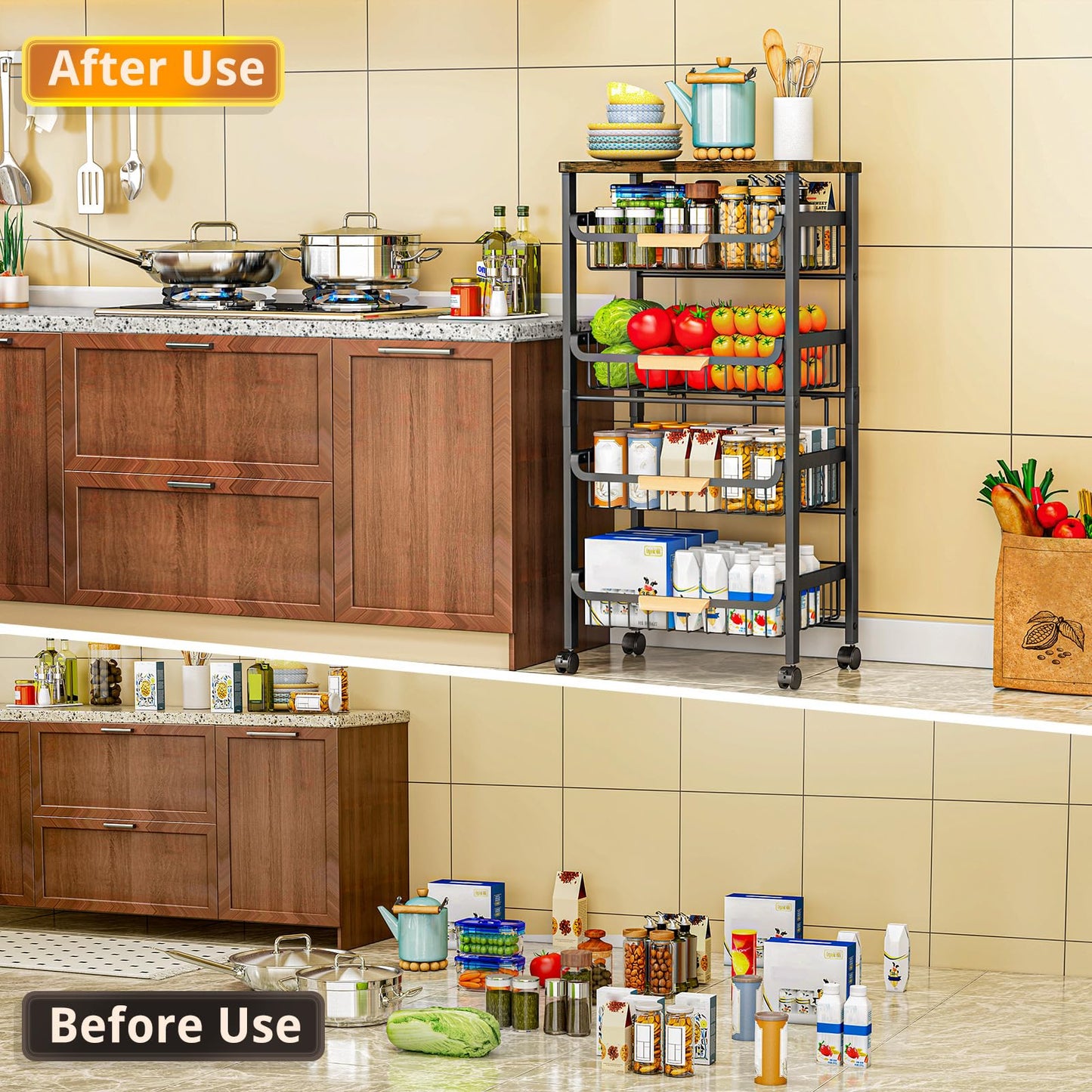 5-Tier Kitchen Trolley on Wheels, Vegetable Storage Rack