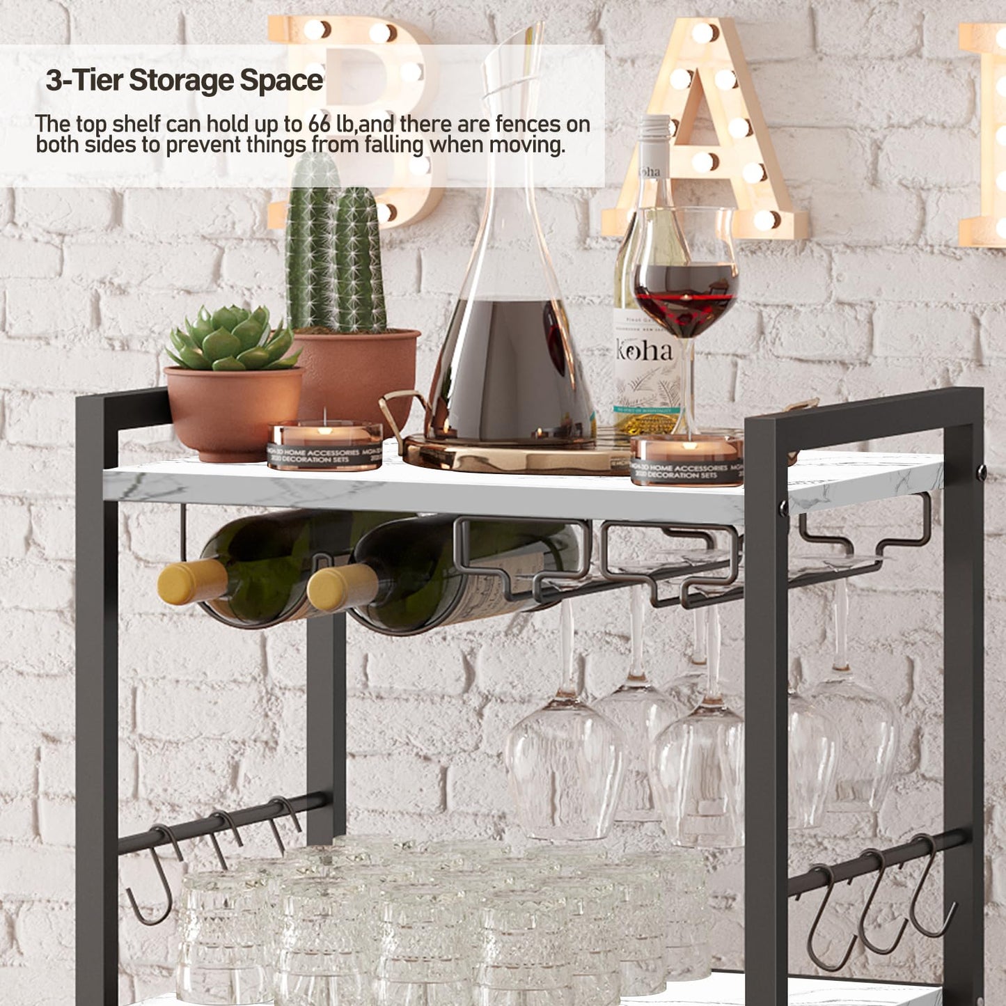 TUTOTAK Drinks Trolley, Bar Cart with 3-Tier Shelf, Serving Trolley with Wine Rack, Glass Holder, Rolling bar cart for The Home, Living Room