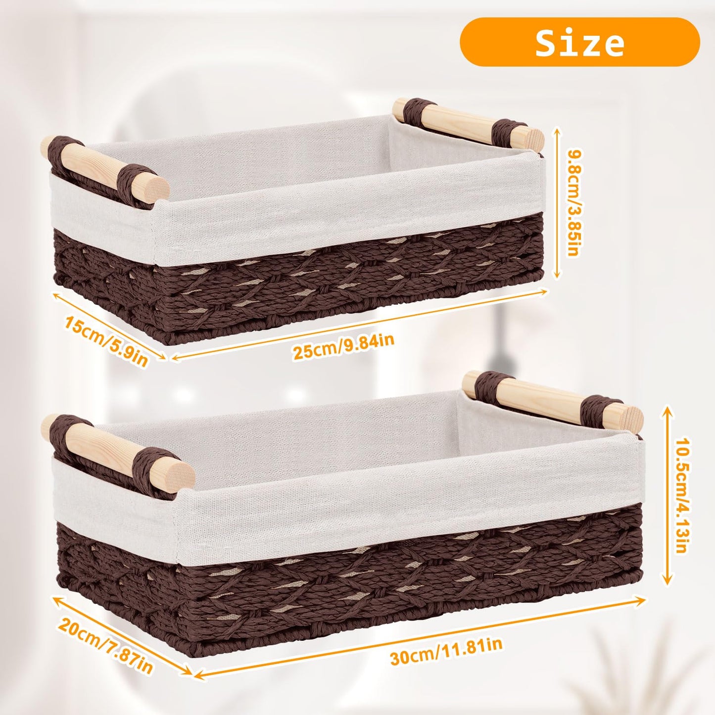 2 Pack Storage Baskets, Storage baskets for Shelves, Storage Box Organiser, Wicker Hamper Basket, Woven Storage Basket, Bathroom Storage Organiser