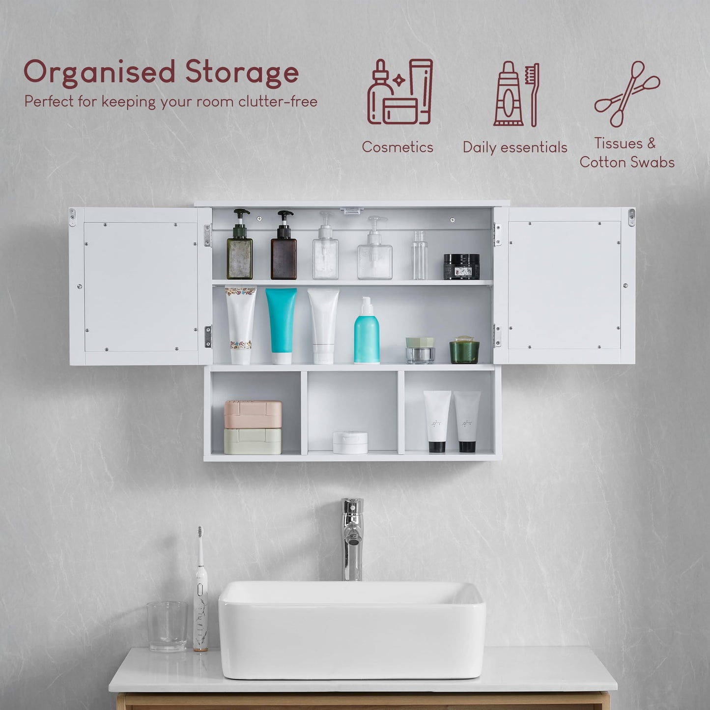 Bath Vida Priano Double Door Mirrored Bathroom Cabinet Storage Shelves Wall Mounted, White