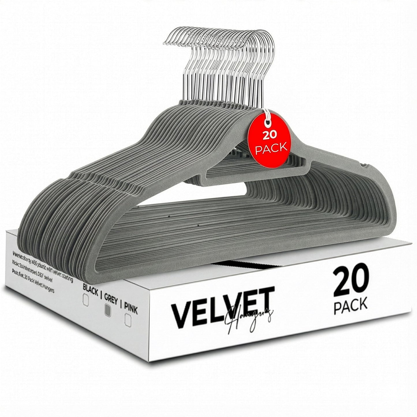 Roe Tenpo Coat Hangers, 20 Pack, Grey | Velvet Hangers for Clothes with Tie Bar & 360° Hook | Durable & Sturdy | Non-Slip