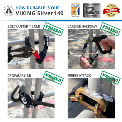 Seatylock Viking Bike Chain Lock with Key - Magnetic Patented Sold Secure Silver Rated - Heavy Duty Anti Theft - Smart Ultra Security Bicycle Lock