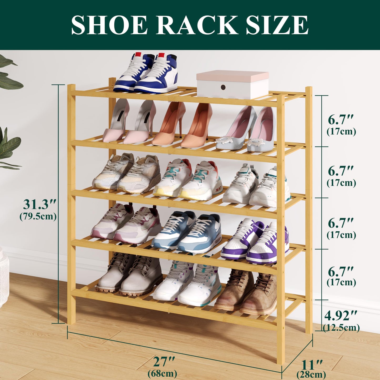smiry Natural Bamboo Shoe Rack, 5 Tier Wooden Stackable Shoe Storage Organiser, Free Standing Shoes Storage Shelf for Entryway, Hallway, Small Spaces