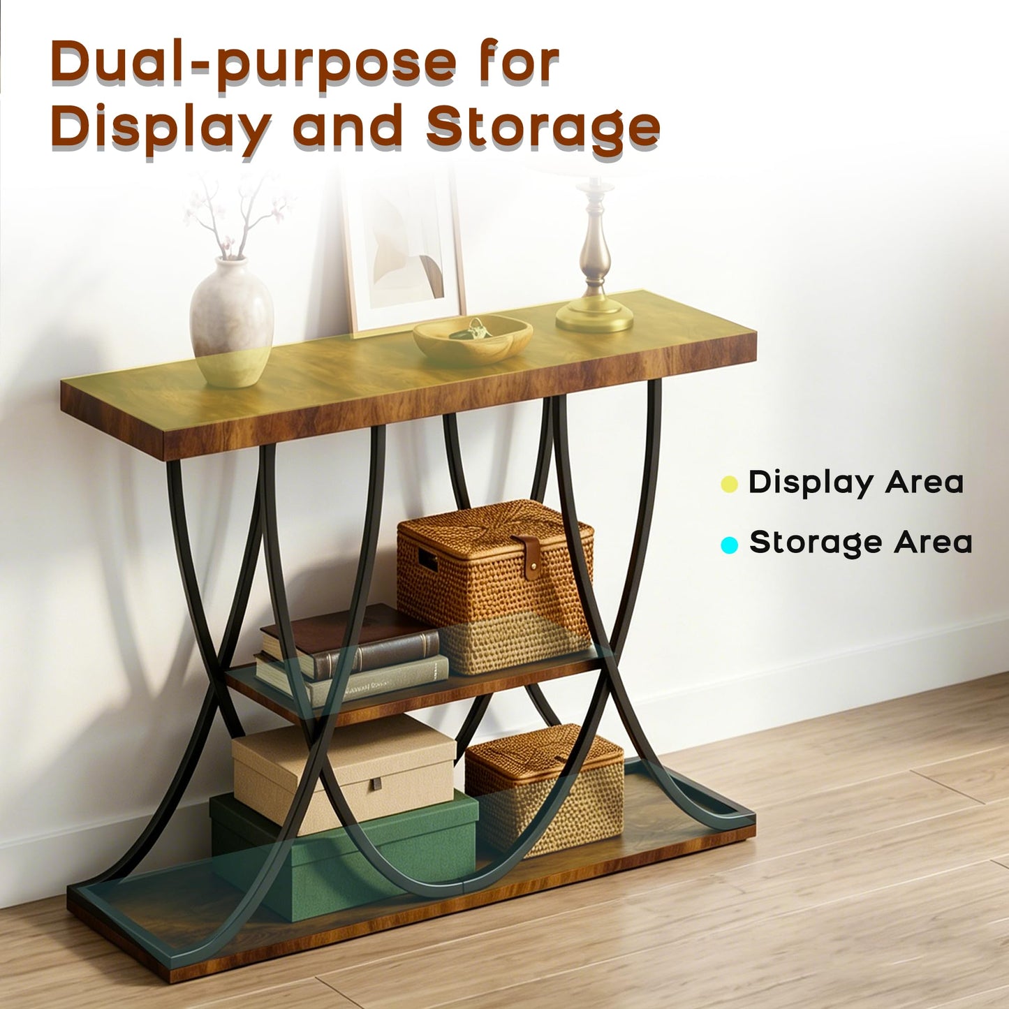 DAWNYIELD 3-Tier Console Table with Curved Metal Frame, Black