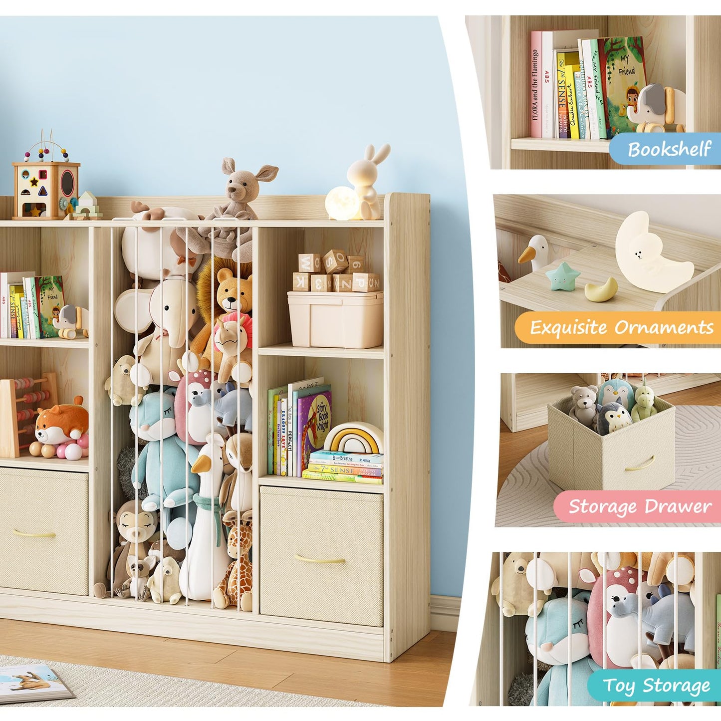EXPERLAM Toy Storage Organizer with Stuffed Animal Storage, Wooden Toy Organizer & Stuffed Animal Zoo, 6 Cubes Shelf with Removable Drawers