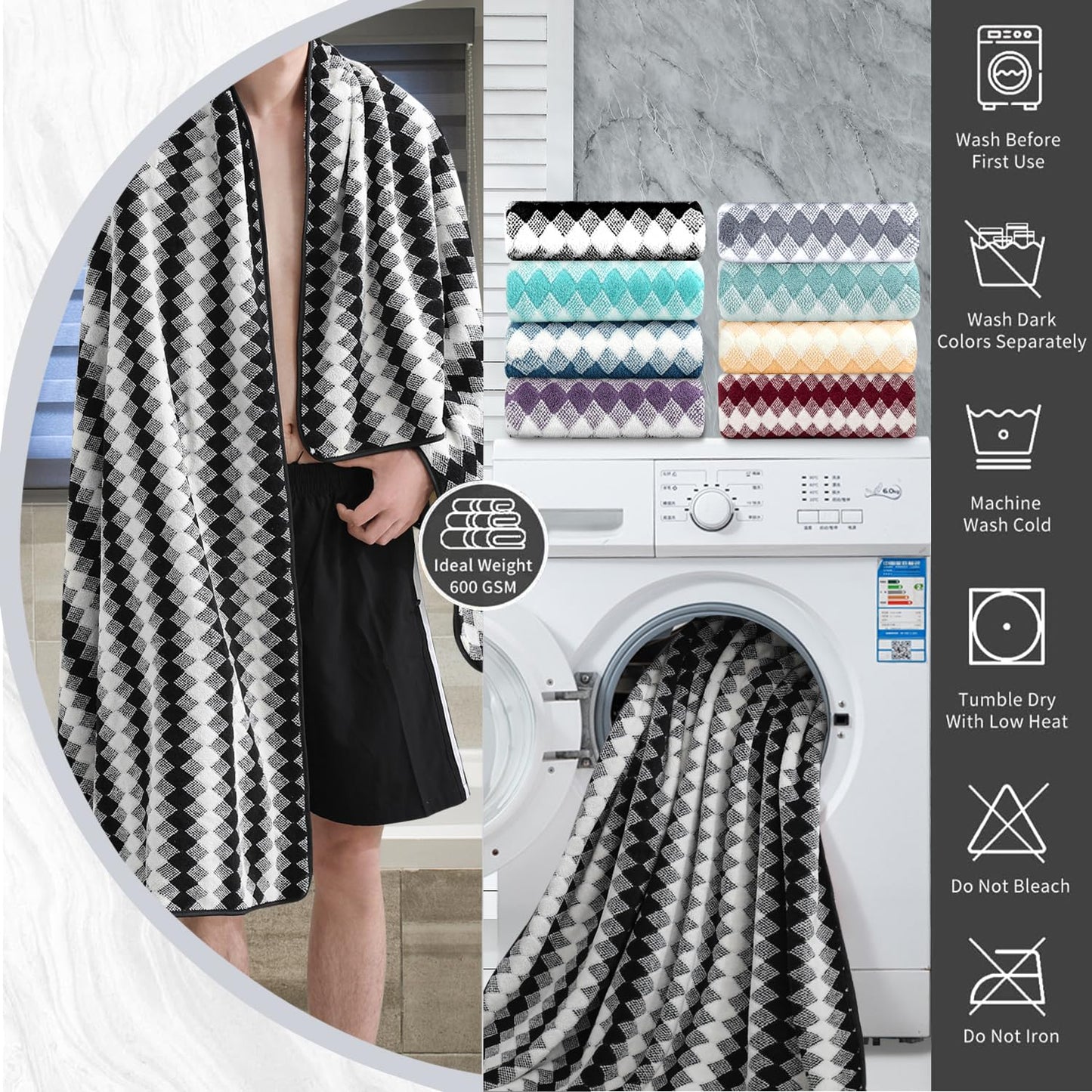 MAGGEA 2 Hand Towel Set 16"x31" Black White Towel Set for Bathroom,Highly Absorbent & Quick Dry Hand Towel for Daily Use,Soft Microfiber Multipurpose