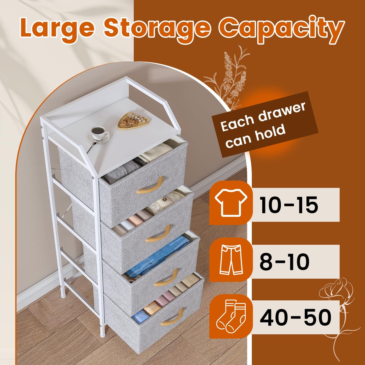 Feonase 4-Drawer Chest of Drawers with Metal Frame & Top Back Panel – Modern Fabric Storage Cabinet for Bedroom, Living Room, Small Spaces