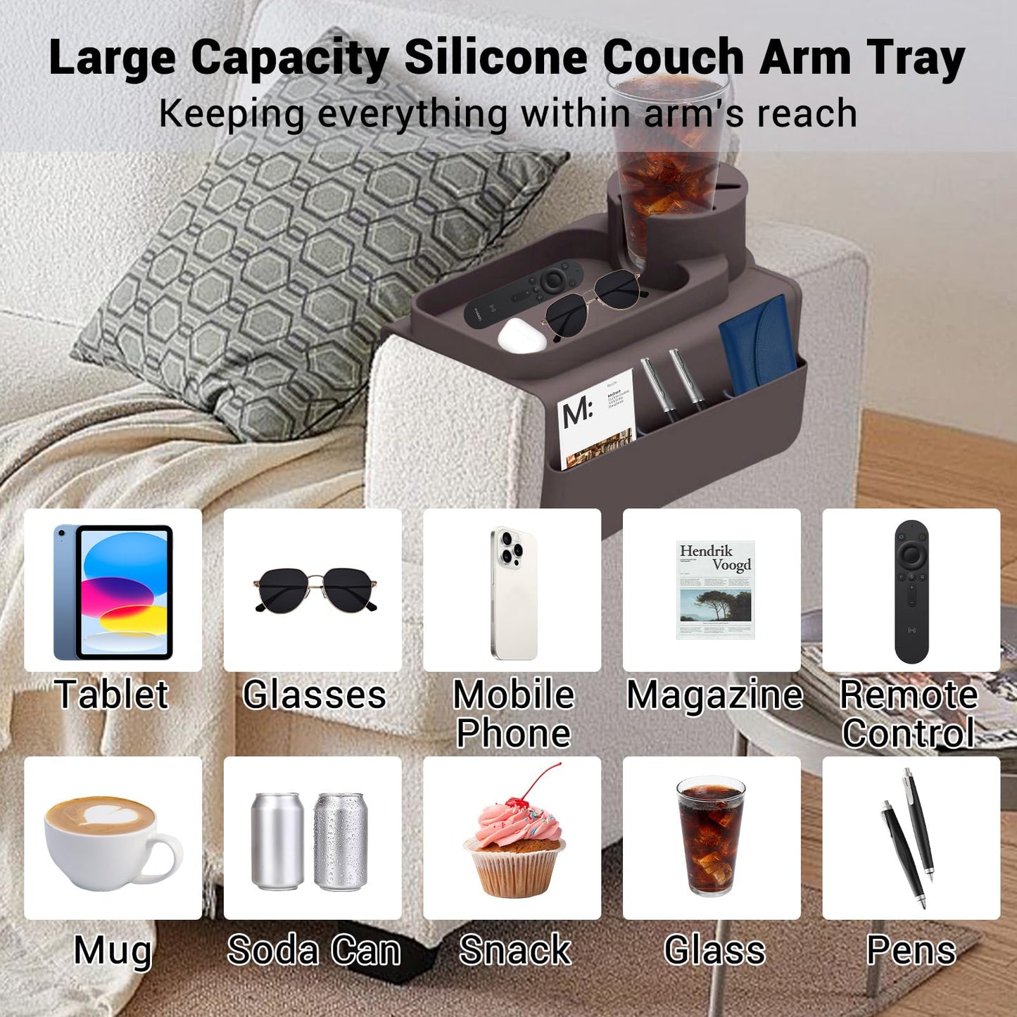 JNCST Sofa Armrest Tray - Silicone Couch Cup Holder with Anti-Slip Base & Multi-Pockets Spill-Proof Sofa Tray for Coffee