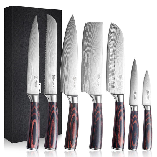 PAUDIN Knife Set, 7-Piece Kitchen Knives Set with High Carbon Stainless Steel, Professional Japanese Knife Set with Pakkawood Handle, Kitchen Knives