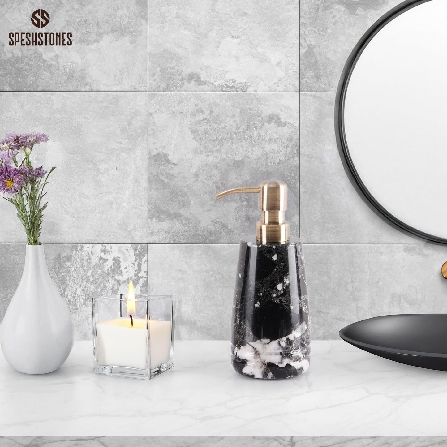SPESHSTONES Marble Soap Dispenser 7.5 inches Black for Liquid Hand and Dish Soap for Kitchen Sink - Container for Sanitizer, Lotion