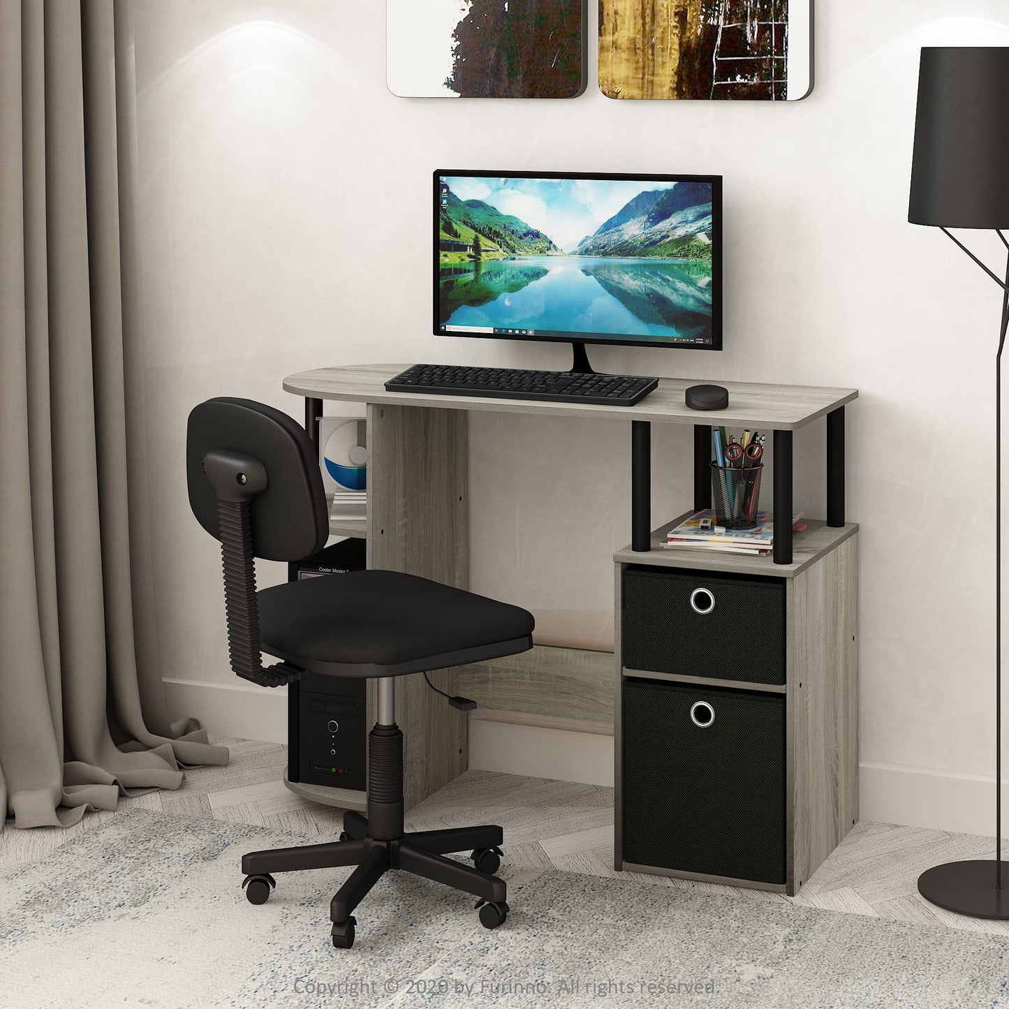 Furinno JAYA Simplistic Computer Study Desk with Bin Drawers, French Oak/Black